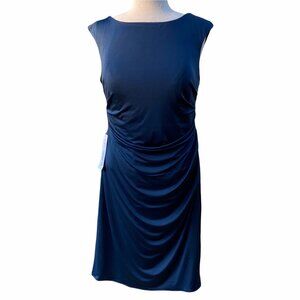 Azazie Dayton MBD Ruched Cocktail Dress L Sleeveless Navy Blue Molded Cups Scoop